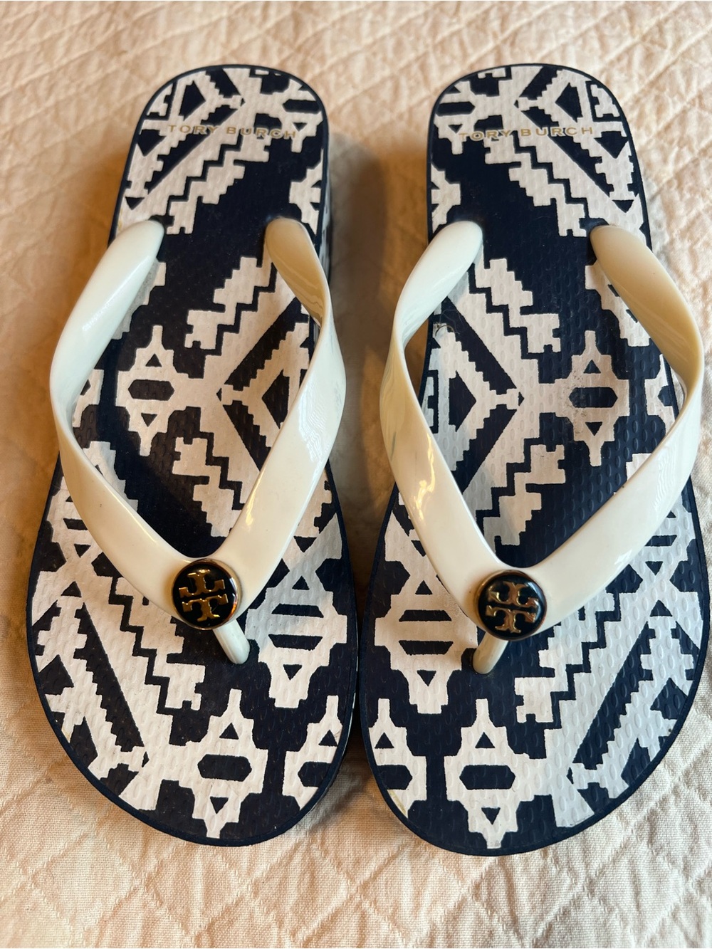 Tory Burch Navy & White Patterned Flip Flop Sandals with Cream Straps